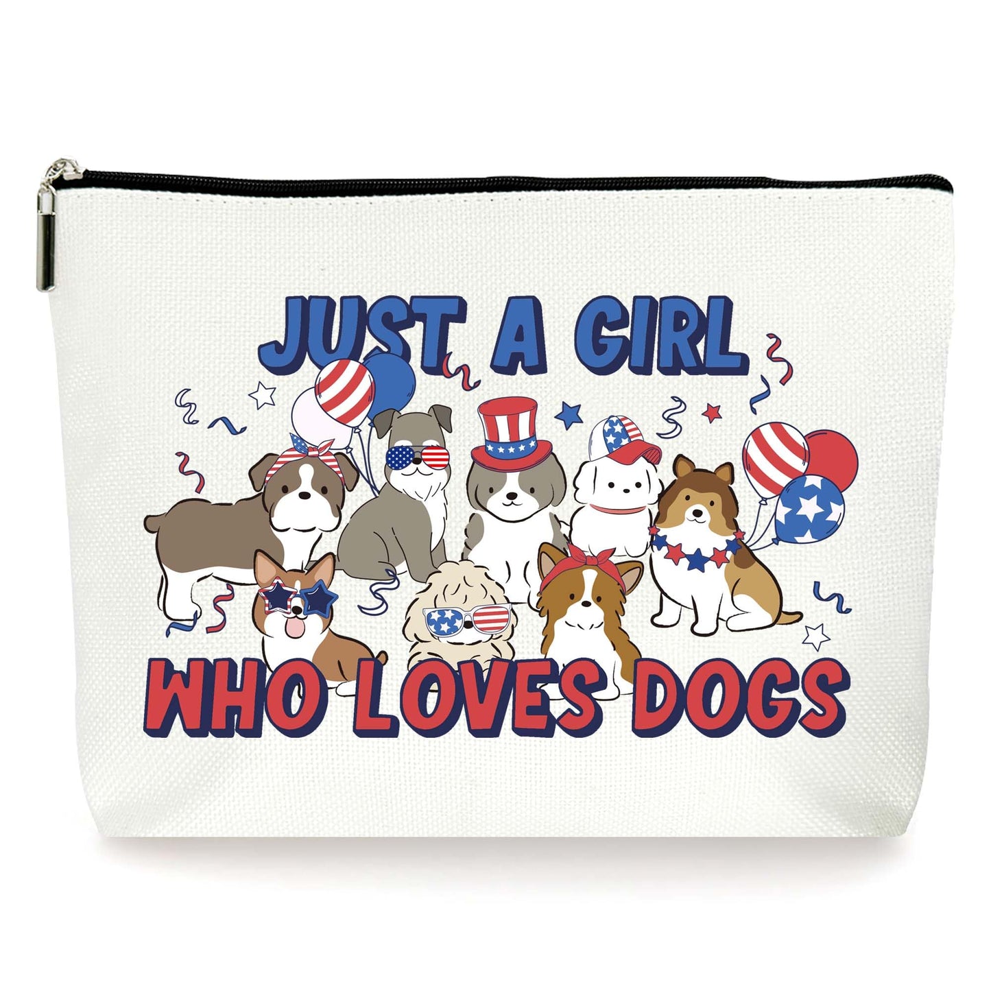 ‘Just A Girl Who Loves Dogs’ Makeup Bag Doggy American Flag Gifts For Birthday Women’s Day Mothers Day Christmas Day Independence Day For Women Friends Ladys Patriotic Decorations. (035)