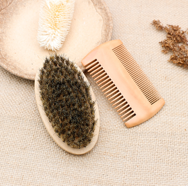 Beard Care Set - Natural Wood Comb & Oval Brush for Men